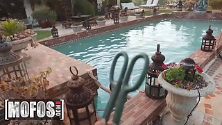 Stunning dark haired Karla Kush rides a meaty cock in point of view inwards her outdoors pool - mofos