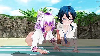 3D Hentai Two Girls Sucked a Friend on the Beach