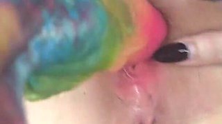 Big Colorful Crazy Dildo and a Small Transparent Dildo