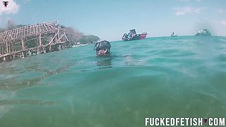 Free Diving Fins Under Open Sea Sexy Latina Goddess