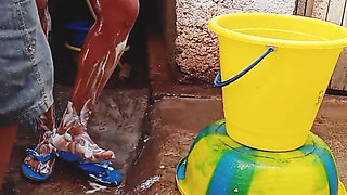 Outdoor Bathing My Pregnant Girlfriend in Dirty Environment