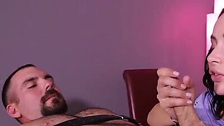 Mean masseuse MILF gives rough BDSM HJ to client on massage