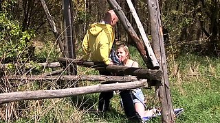 Enticing teen sucking and fucking her way to climax outdoors