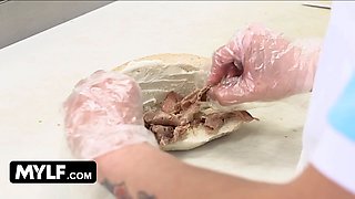 Mylf - big boobed blondie milf Nina Elle whips her massive melons out and makes teenager stud cover them in jizz