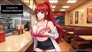 The sultry fast food counter hentai vixen seductively delivers steamy jerk-off instructions to the eager customer at the