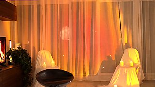 Busty curly brunette with big boobs fucks on couch