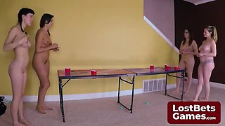 Amateur Lesbian Game Bet: Wild Strip Pong Showdown with Big Natural Tits