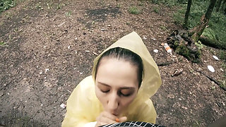 Black Lynn in Yellow Raincoat Sucking Cock in the Woods - Outdoor Blowjob and Cum in Mouth