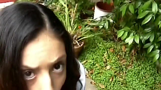 Brunette Babe Sucks Big Cock Outdoors to Explosive Orgasm