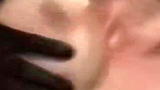 Horny brunette slut and her gloves make him cum