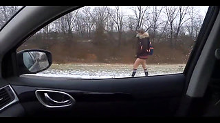 Teen Girl in Plaid Skirt Gets a Ride to School From a Stranger on a Snowy Day
