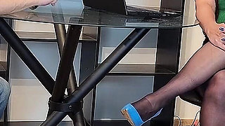 Kiffa Seduces Boss Wearing Nylons and High Heels Blue Stiletto - Pantyhose - Nylons - Stiletto