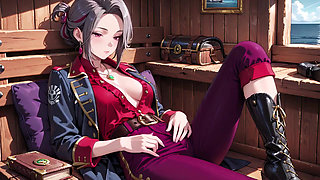 Silver-Haired Pirate Queen! Sun-drenched ship cabin, navy uniform slightly damp, kneeling with a teasing gaze.