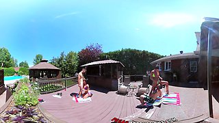 Sexy Shana and wild Heidi in a steamy bikini fling with a raunchy four-way orgy by the pool