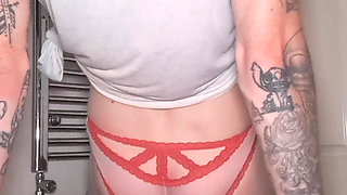 Shy sissy teasing and riding big dildo