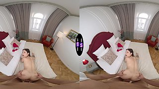 Teen Mandy Moon's seductive brown locks in VR as she gives a sloppy BJ