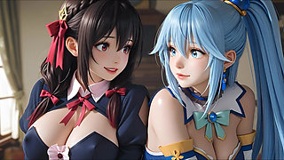 SFW Aqua and yunyun From konosuba soft show touching and kissing lesbian