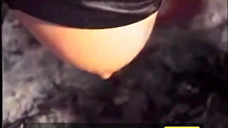 Sexy big boobs blonde in latex dress masturbating, dildo penetrated