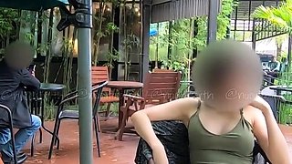 Public flashing in the cafe without panties.