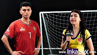 Inka Sex: Mexxxie and Cristiano Penaldo pound their throbbing cum-filled balls against a Colombian reporter