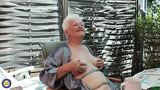 Horny Old Grandma Vera Fingers Her Unshaved Pussy Outside