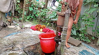 Refreshing Outdoor Bath in an Open Field