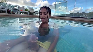 She sucks my dick a little bit and jerks me off in the pool