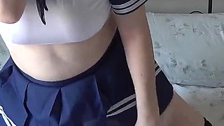 Naughty Cheeky School Uniform Playing with Shaven Pussy