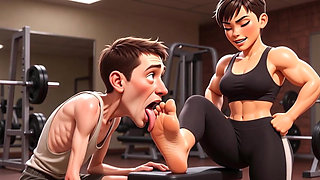 Strong Muscular Woman Makes Skinny Slave Lick Her Feet