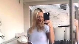 Sexy Blonde Babe With Big Boobs Strips Bra