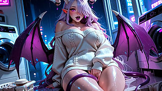 Horny Demon Girl Pulls Her Sweater Down in the Empty Laundromat and Shows Everything (AI generated)