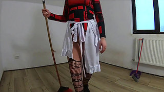 Nympho Maid Masturbates with Broom & Mop While Cleaning an Abandoned House