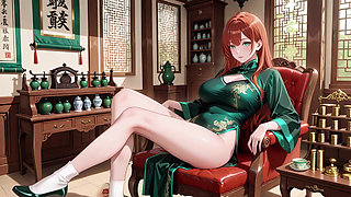 Red Hair & Emerald Qipao! Lazy Seduction in the Eastern Courtyard.