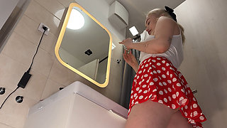 Hot Sexy Long Legs Blonde Takes Her Lace Panties off Under Her Skirt to Show Tight Pussy and Big Ass