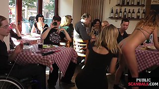 Tied bitch giving head in public caffe