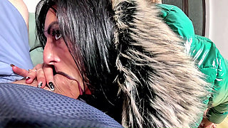 Glossy Fur Hooded Downjacket POV. Deepthroat, Sleeve Play, Riding and Double Cum