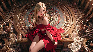 Blonde Queen in Red! Sitting by the fountain, adjusting her slit dress... Eyes locked on you.