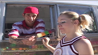 Beautyful wet pussy of cheerleader waits wide open for big penis stuff it