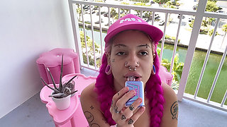 Bimbo Vaping in Your Face Smoke Clouds Outdoors Balcony Vape