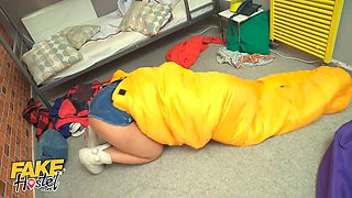 Faux hostel - stuck in a sleeping bag, threesome, Big Tits