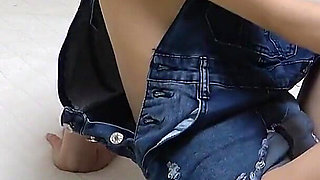 Natural Big Tits Spill Out From No Bra Denim Mini Skirt Overalls, Wedgie Micro Thong Panties,　japanese Girl's Erotic Exercise