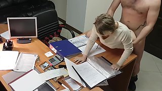 Hot office secretary sucks and rides her boss on the desk