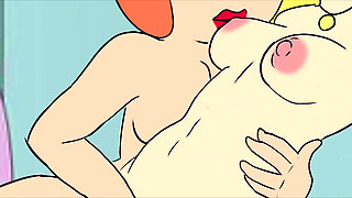 Title: Curvy Redhead MILF Masturbates & Fucks Busty Blonde Housewife - Rough Cartoon Lesbian Action & Wet Finish!