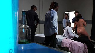 Busty MILF slut subjected to interracial anal gangbang