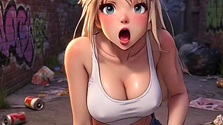 Blonde in white top and thick breasts, masturbating in the side alley