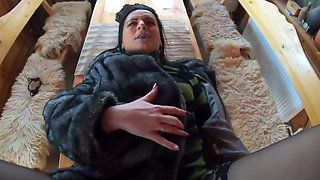 Elegant Fur-coated Slut Fucked on a Wooden Table and Covered in Cum Twice