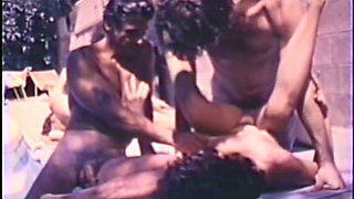 Outdoor interracial orgy fuck by the swimming pool