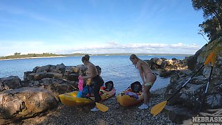 Buxom blondes Kristina and Mira D frolic in a steamy beach-forest encounter