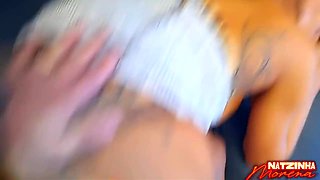 usty brunette shows off in the mirror sucking cock and ends up destroyed on the sofa. - Amateur