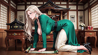 Green Suit Secretary! Ordered to organize files in the study, she deliberately exposes her deep V-neck and long legs.